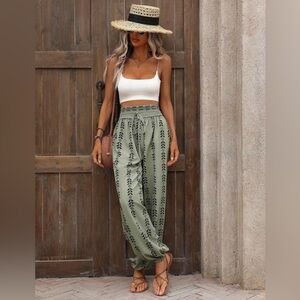 Boho High Waisted Ankle Pants with Geometric Plant Pattern